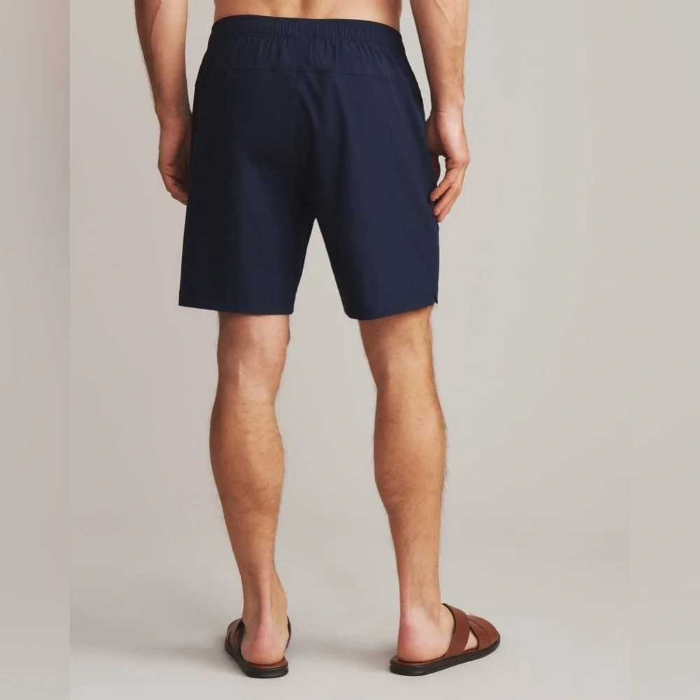 Men’s RHONE 7.5” R&R Swim Trunks with White Drawstring Size S in Color Navy